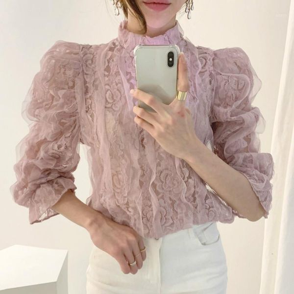 

lace hook flower patchwork blouse women korean chic stand collar puff sleeve shirt blusa spring autumn 2020 fashion casual 1, White