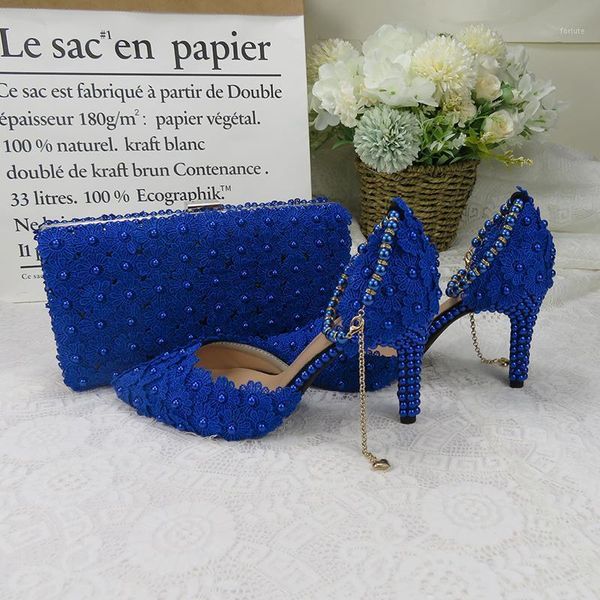 

royal blue lace flower wedding shoes with matching bags high heels pointed toe ankle strap ladies party shoe and bag set1, Black