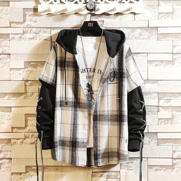 

2021 new casual mark with hood plaid shirt male jacket woolen shirts long sleeves new spring more oversize 0n9w, White;black