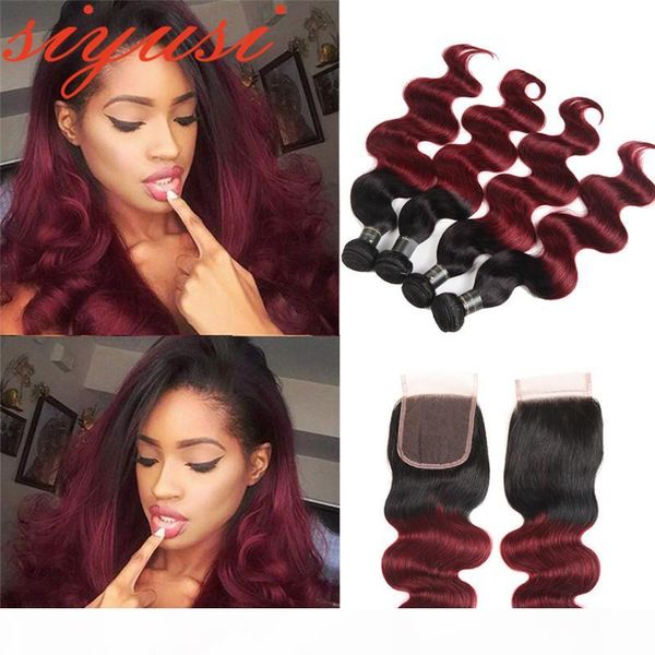 

t1b 99j dark root burgundy brazilian body wave ombre human hair weave 3 bundles with closure brazilian virgin hair with lace closure, Black;brown