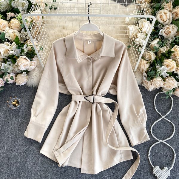 

2021 women new autumn winter retro long-sleeved with belt female shirt k799, White