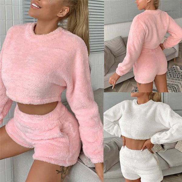 

pajama sets fall winter womens plush fleece sleepwear 2020 long sleeve pullovers t-shirt crop high waist shorts, White;black