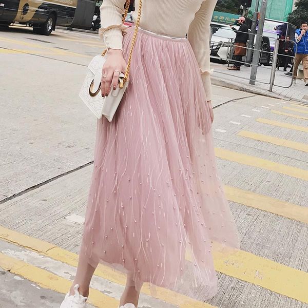 

onlywong women high waist pleated beading half length elastic skirt lady black pink mesh midi skirt women's tulle plain skirts1