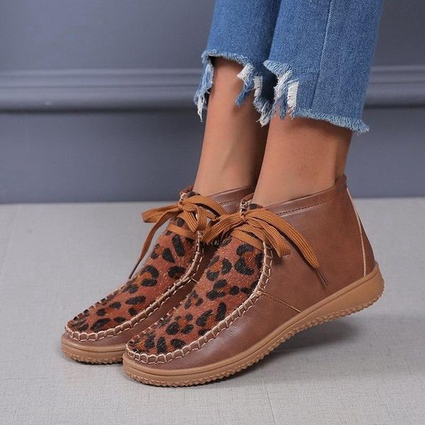 

women's 2020 leopard ankle boots women lace up wedges woman leather sewing footwear ladies comfortable female shoes plus size, Black