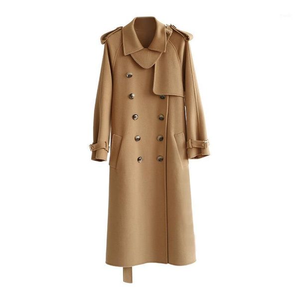 

women's trench coats 2021 autumn winter original design max turn-down collar camel 100% wool wide-waisted coat handmade haute couture 1, Tan;black