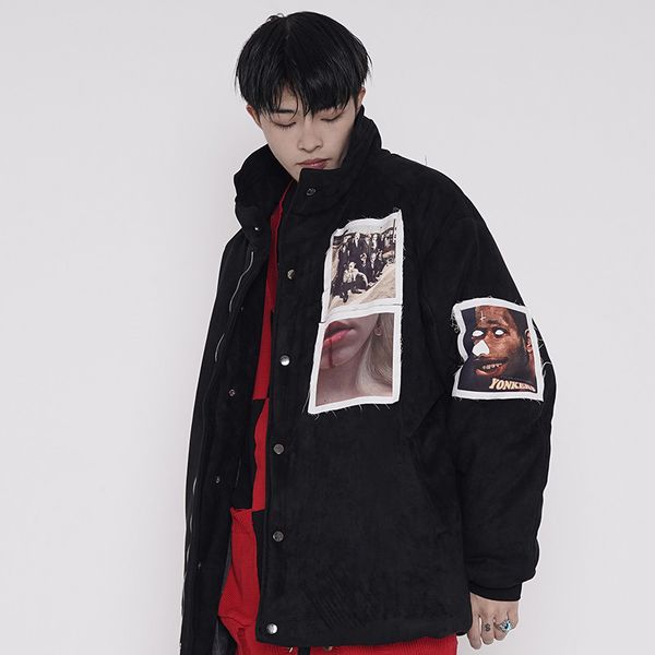 

hip hop parka jacket coat mens streetwear graphic printed jacket coat cotton velvet jacket outwear winter warm thick, Black;brown