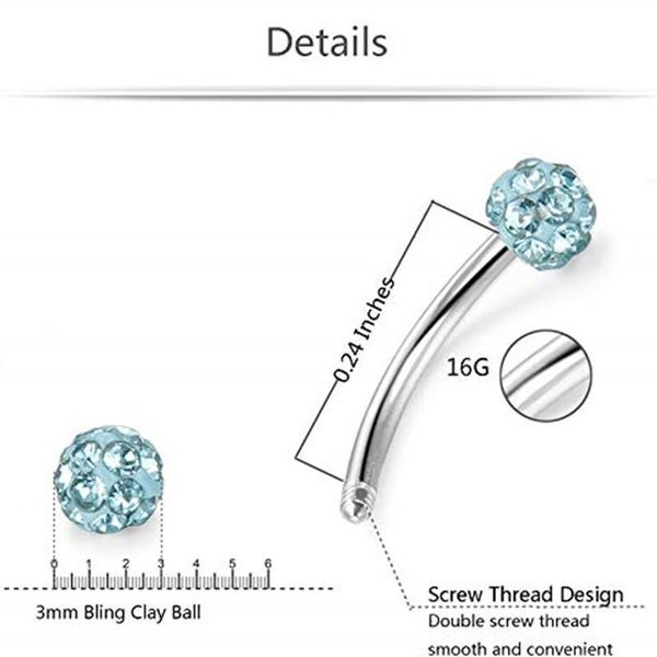 

2pcs stainless steel eyebrow piercing ring crystal curved glitter eyebrow helix piercing labret ear women body pircing jewelry q sqccue, Silver