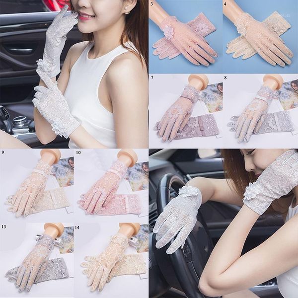 

five fingers gloves women lace touch screen sun protection elegant sunscreen stretch driving breathable no-slip fabric1, Blue;gray