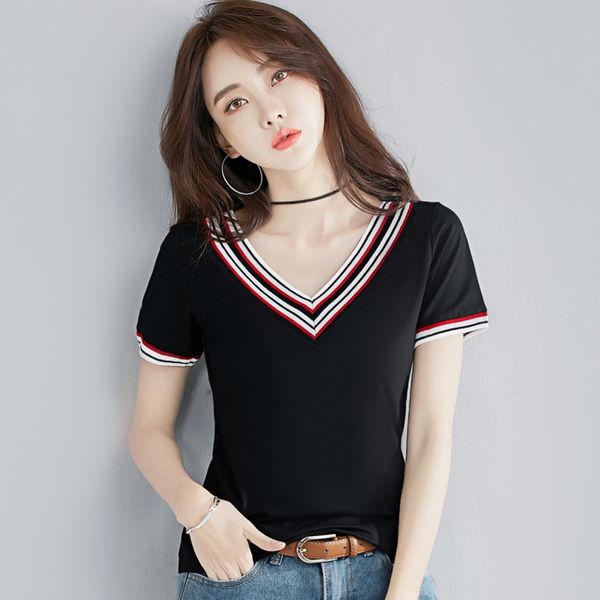 

2019 summer new korean v-neck short sleeve for women slim and slim half coat t-shirt sleeve t-shirt pure cotton red ukodj, White