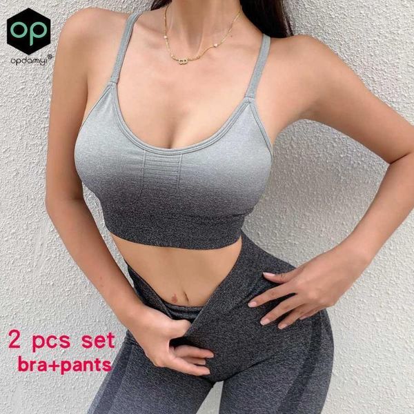 

yoga outfits 2-pcs tracksuit gradient color beautiful back sports bra set women tight hips high waist seamless pants fitness sportswear1, White;red