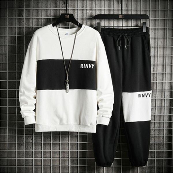 

2021 new patchwork men's sportswear sets autumn spring hoodies casual tracksuit sweatshirt + sweatpants track suit cs1m, Black