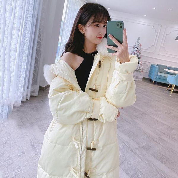 

jacket women's long style over the knee 2020 new korean version of white duck down ox horn button retro winter coat1, Black