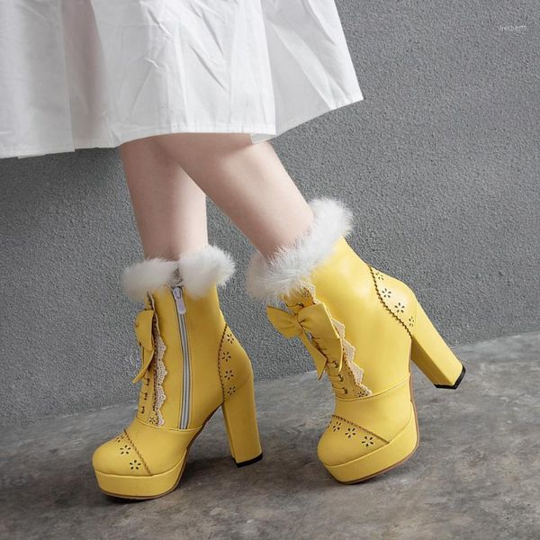 

boots 2021 arrivals girls gothic style lady shoes zip up round toe ankle short plush lolita sweet cool women thick heels1, Black