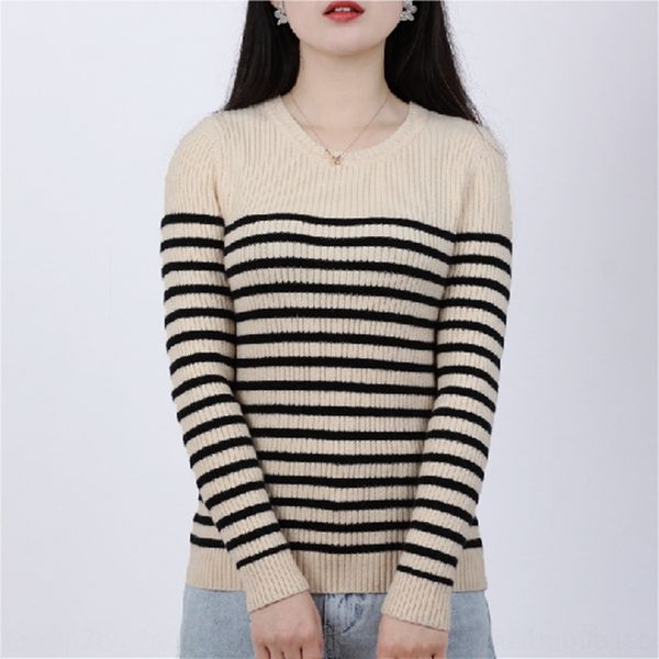

vvc5m new style fit fall 3mid6 2020 feminine sweater round neck long sleeve t-shirt t-shirtt-shirt type t-shirtstriped bottom for winter, White;black
