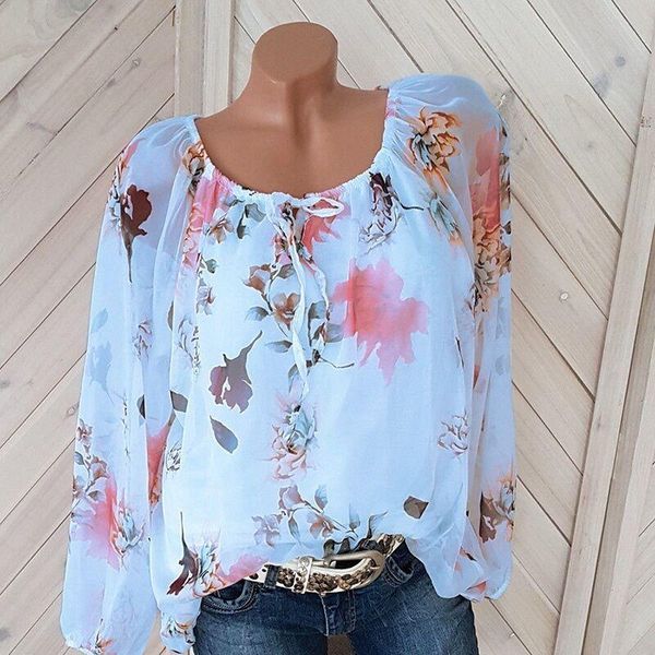 

women's blouses & shirts women autumn casual slash neck boho chiffon blouse bohemian long sleeve ladies print femme shirt, White