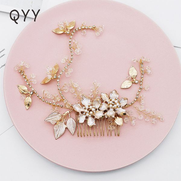 

qyy rhinetone crystal flower wedding hair combs handmade accessories jewelry for bride bridal flower headpiece, Golden;silver