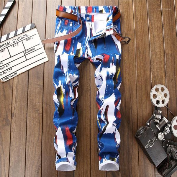 

2019 new high street mens pants fashion print men trousers casual fashion men jean1, Blue
