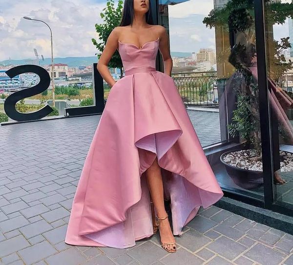 

High-low strapless prom party evening dresses vestido de noiva sereia gown robe de soiree prom party simple satin lace-up, Gold