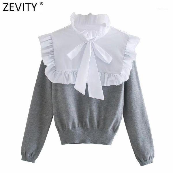 

zevity new women sweet agaric lace white poplin patchwork knitting blouse female bow tie chic femininas shirt ruffle ls73191