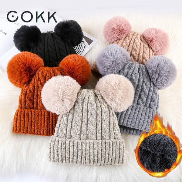 

cokk new winter hat women cute two pompom fur beanie bonnet with velvet thick warm ski snow hat female knitted cap fashion y201024, Blue;gray