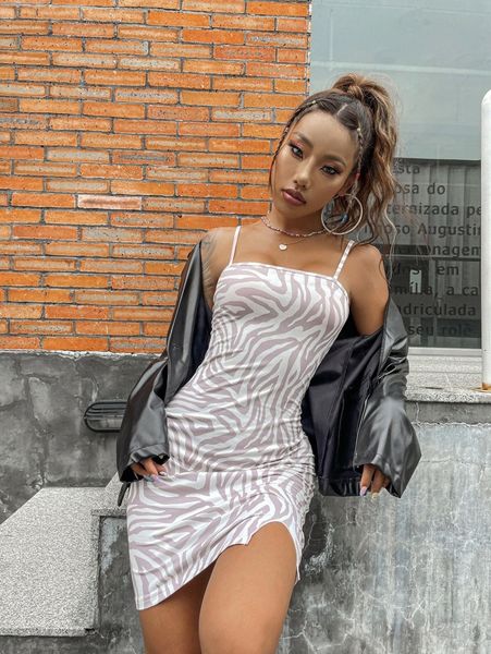 

zebra stripe slit hem bodycon dress o1it#, Black;gray
