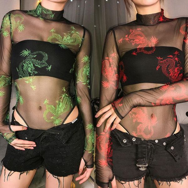 

2021 new fashion women bodysuit bodycon jumpsuit romper leotard blouse playsuit long sleeve dragon print mesh bodysuits, Black;white