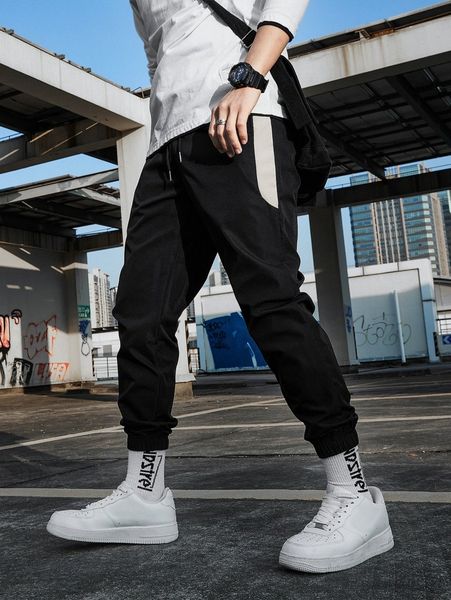 

men contrast panel drawstring waist pants f2iz#, Black