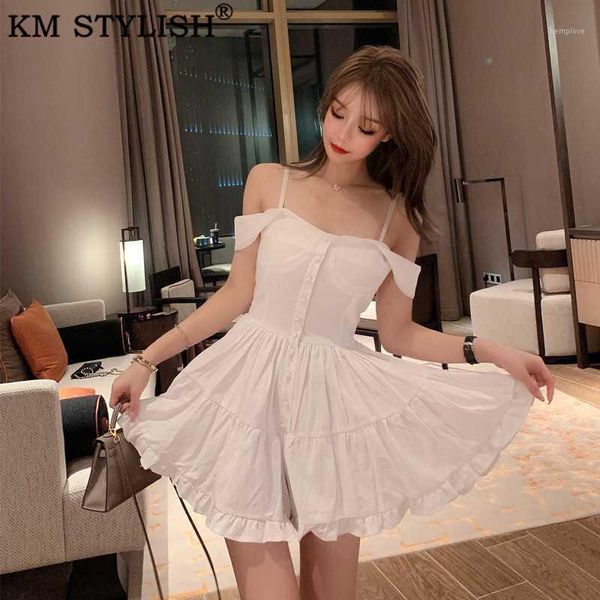 

women's frill ruffle playsuit summer rompers strapless camisole vest white shorts jumpsuit overalls two ways wear female clothes1, Black;white