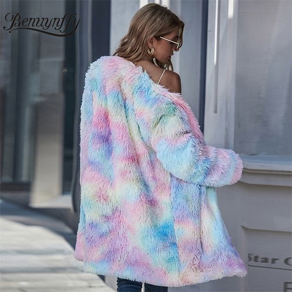 

benuynffy multicolor tie dye women faux fur coat fashion streetwear autumn winter long sleeve ladies slim long coats outerwear 201209, Black