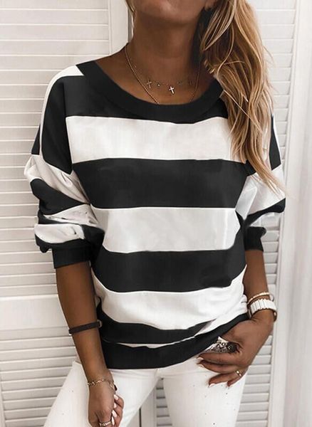 

women horizontal stripes pullover fashion casual long sleeve round neck sweatshirts autumn winter loose clothing for women1, Black