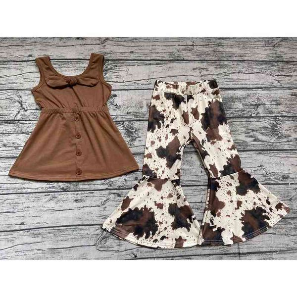 Crianças conjuntos de roupas moda arco túnica sino calças inferiores vaca impressão bebê meninas verão boutique crianças roupas infantis g0119