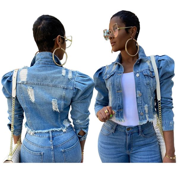 

s-5xl женщины джинсовый куртки streetwear hip hop vintage обрезанные short jean пальто кнопка puff рукавом тонкий рваные джинсы куртка 3 цве, White