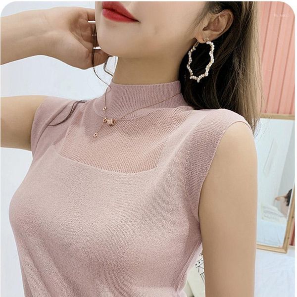 

half high collar tank women sleeveless knitted vest female elasticity solid slim pullover 2019 summer solid bottoming1, White