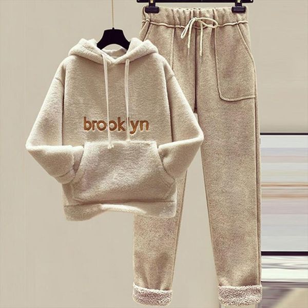

women sets winter casual suit for women oversized warm hoodies female long sleeve pullover sweatshirts wool print ropa mujer, Gray