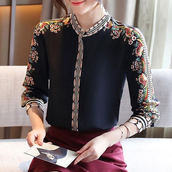 

black chiffon shirt women's long-sleeved lady 2021 autumn new fashion retro floral printed blouse, White