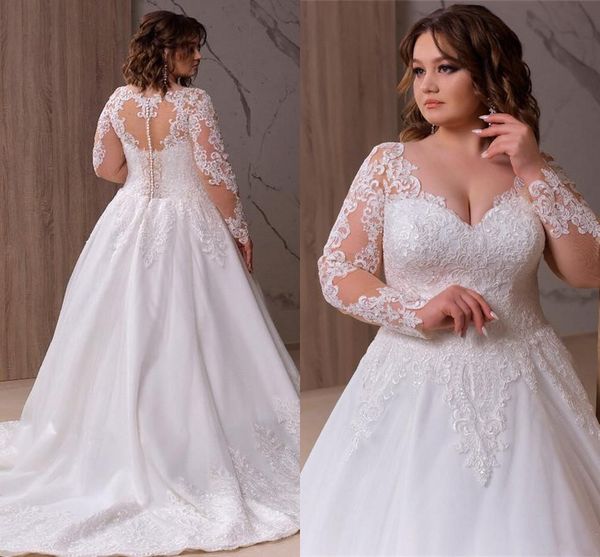 Plus Size A-Linie Brautkleider Brautkleider V-Ausschnitt Lange Illusionshülse Spitze Appliziert Sweep Zug 2022 Vestido de Novia Robe Mariee