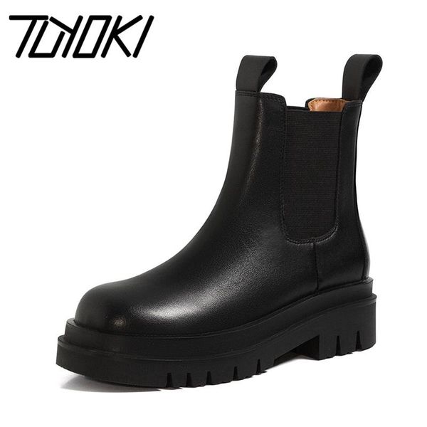 

boots tuyoki women short fashion platform real leather warm winter shoes woman thick heel boot casual lady footwear size 35-39, Black