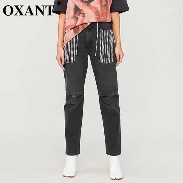 

oxant tassel diamond denim pants women patchwork hollow out jeans trousers female 2020 autumn streetwear clothing tide1, Blue