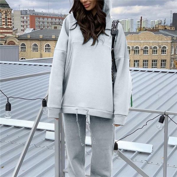 

autumn two piece set women's tracksuit fashion hooded pockets long sleeves hoodies casual loose trousers female outfits, Gray
