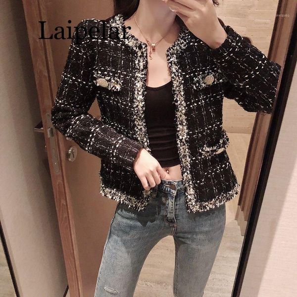 

new womens black tweed jackets plaid coats autumn small fragrance long sleeve elegant tassel jackets open stitch coats outerwear1, Black;brown