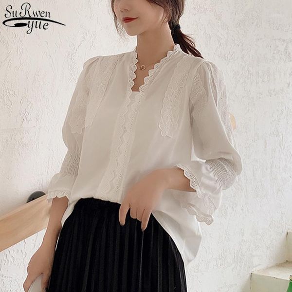 

2020 autumn shirts for women white ladies long sleeve solid v neck blouse women blusas office lady cotton cardigan 103211
