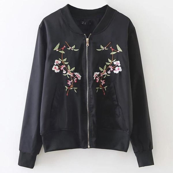 

women floral embroidery bomber jacket slim flight baseball uniform standing collar jackets voguecoats punk outwear pop1, Black;brown