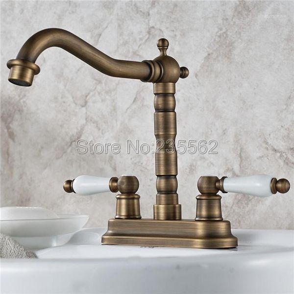 

bathroom sink faucets deck mounted kitchen faucet wash basin water tap antique brass double handle dual hole mixer lnf4271