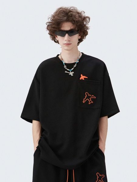 

men plane embroidery patch detail drop shoulder tee b5eq#, White;black