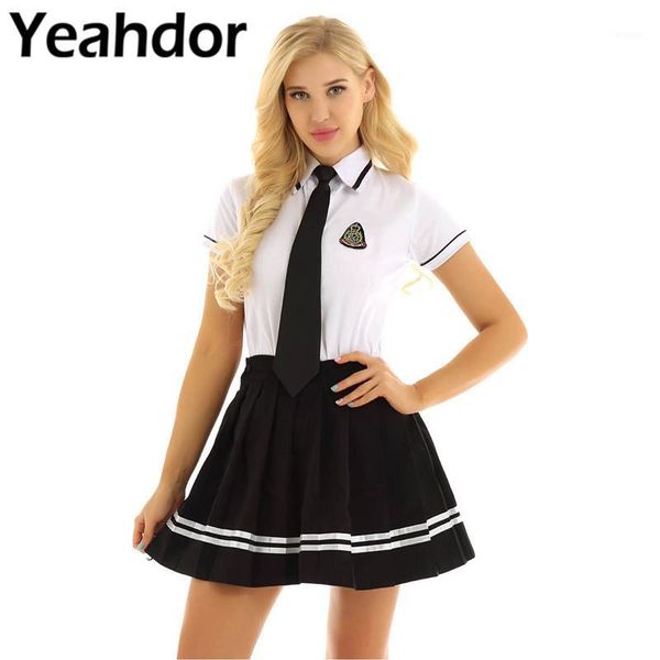 

4pcs women school girl uniform suit students cosplay costume white short sleeve t-shirt black pleated skirt + badge tie set1, Silver