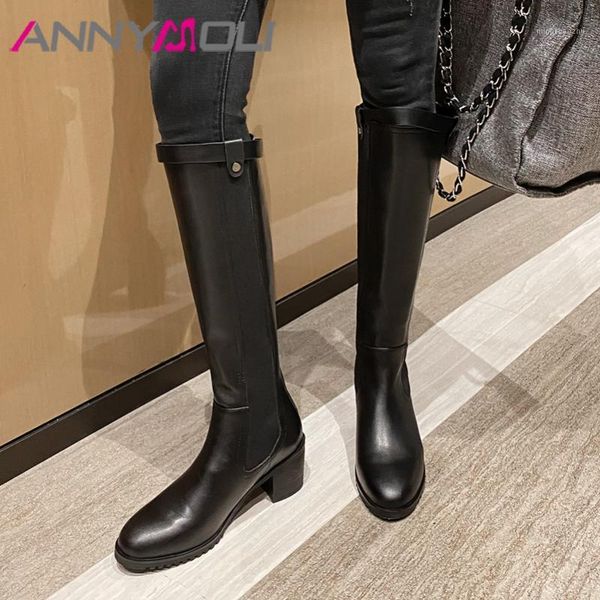 

boots annymoli real leather high heel knee women shoes zipper buckle thick heels long ladies autumn winter black 401
