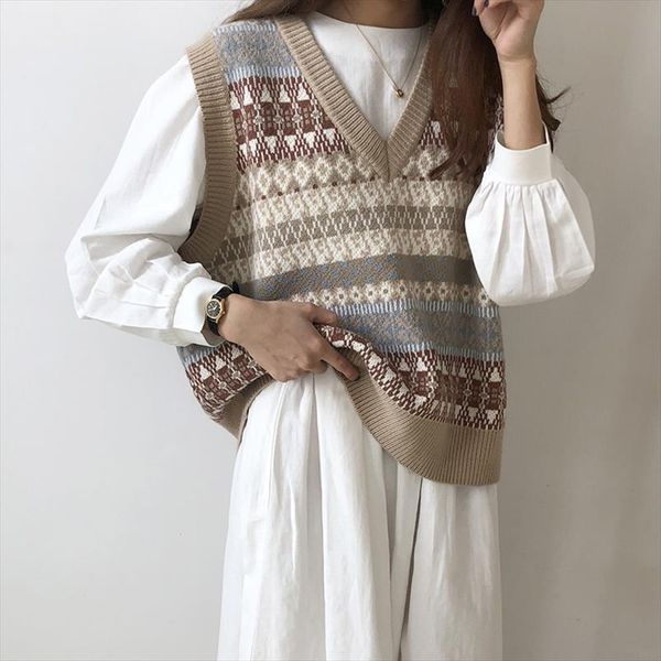 

2020 korean vest sweaters women spring autumn fashion retro plaid hit color sleeveless pullovers female chic loose, White;black