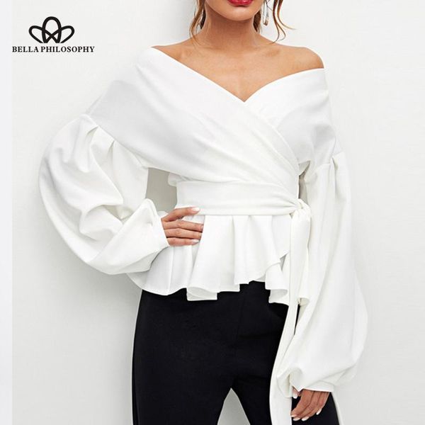 

herstory women spring v-neck bow blouse long lantern sleeve female shirt elegant tie casual sashes blouse1, White