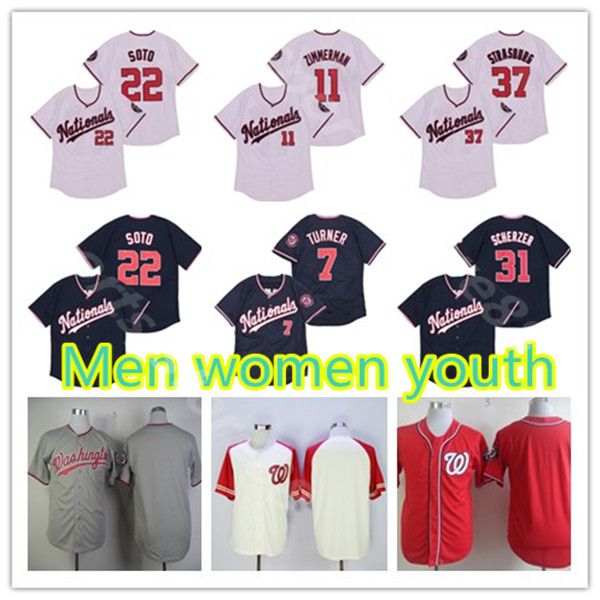 

custom national jersey 22 juan soto 31 max scherzer 37 stephen strasburg 7 trea turner baseball jerseys embroidery logos, Blue;black
