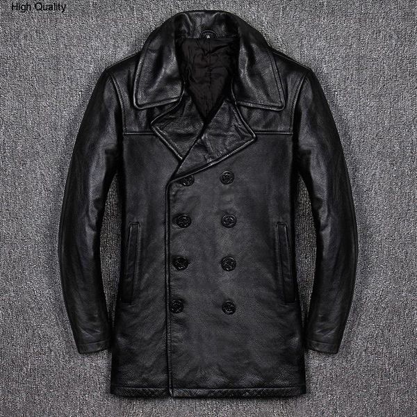 

2020 new genuine leather jacket men business plus cotton casual slim fit leather windbreaker cowhide long winter coat, Black